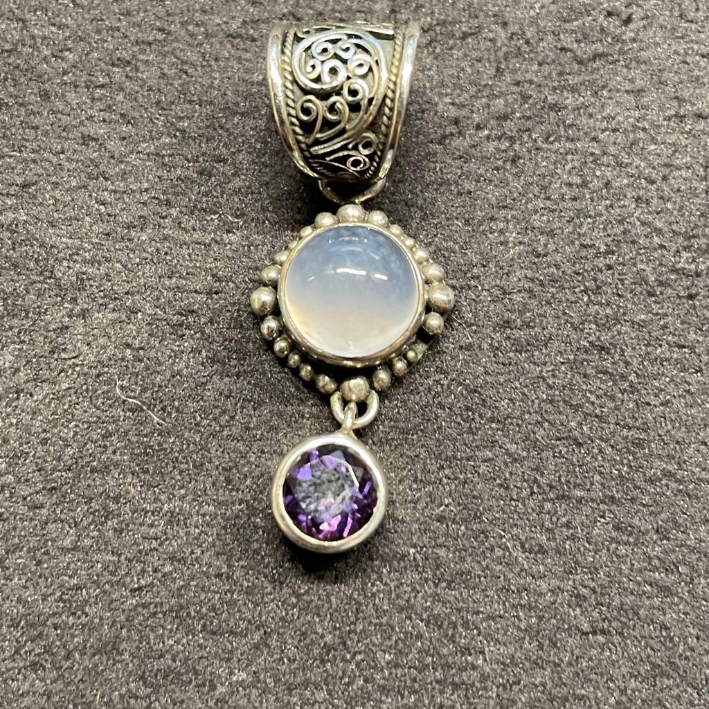 Lori Bonn 925 Silver Chalcedony Cabochon And Amethyst Gemstone Pendant